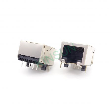 Conector RJ11, RJ12, RJ14, RJ45, RJ50 blindado de perfil muito baixo com trava de entrada lateral, tipo TH - Conector RJ45 blindado de perfil muito baixo com trava de entrada lateral, tipo TH